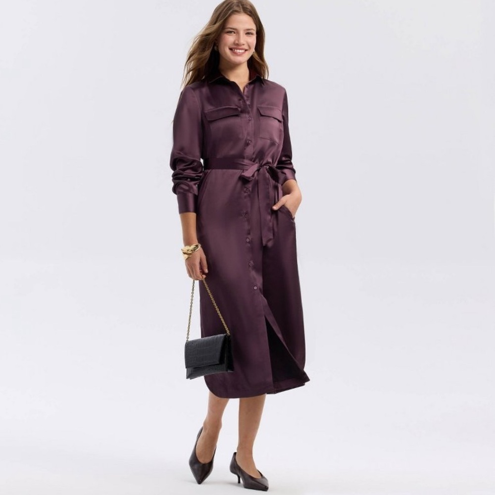 NWT Women's Long Sleeve Belted Satin Midi Shirtdress - A New Day™ Wine Red XL